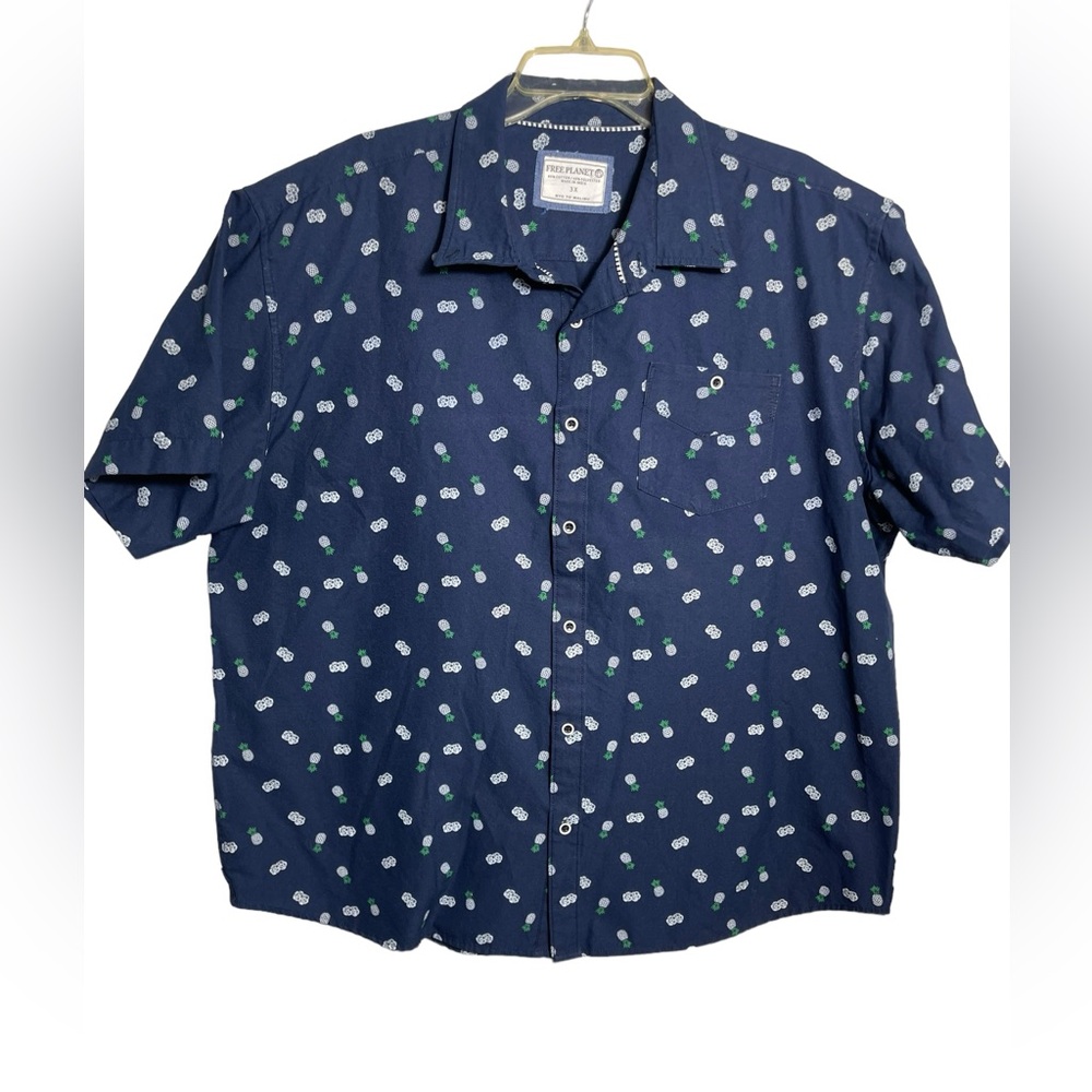 Free Planet size 3x men’s navy blue pineapple cotton blend shirt - Picture 2 of 6